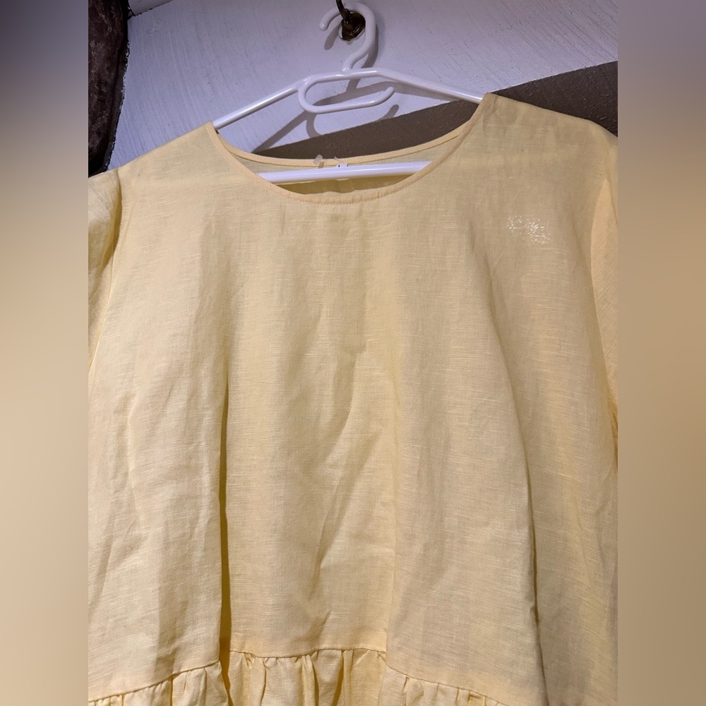 Vintage Handmade Linen Cotton Blend Midi Dress butter Yellow Cottagecore Size L - Picture 6 of 14